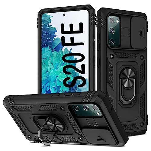 PASNEW for Samsung Galaxy S20 FE 5G Case,360° Kickstand & Camera Slide Cover,Heavy Duty Full Body Shockproof Charge Port Dust Plug Phone Cases for S20fe,6.5" Black