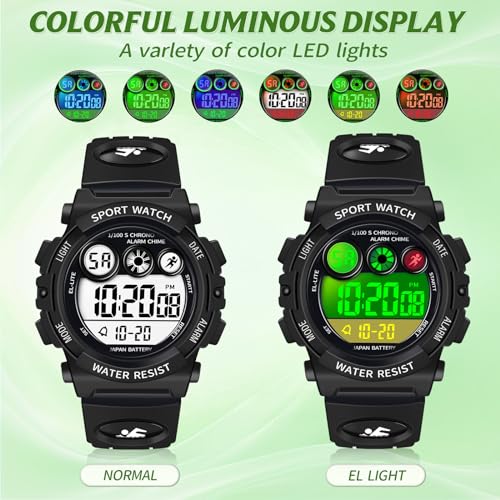 Dayllon Kids Watch Digital Outdoor Sport Waterproof Boys Watches 12/24H Alarm 7 Colorful Backlight Stopwatch Wristwatch for 3-15 Year Old Gift Black