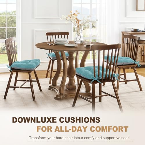 downluxe Indoor Chair Cushions for Dining Chairs, Tufted Overstuffed Textured Memory Foam Kitchen Chair Pads with Ties and Non-Slip Backing, 15.5" x 15.5" x 4", Red, 4 Pack