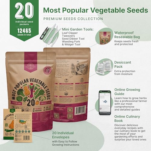 20 Vegetable Seeds Variety Pack - 12465+ Non-GMO Heirloom Seeds for Planting Vegetables and Fruits in Individual Seed Packets, Home Survival Garden Seeds for Hydroponic, Indoor and Outdoors Gardening