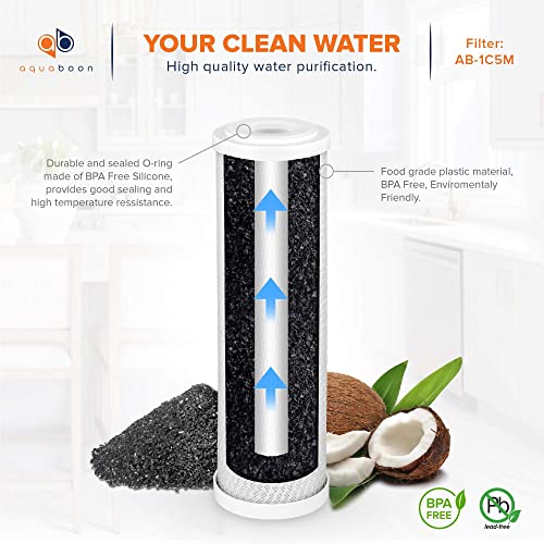 Aquaboon 5 Micron 10 x 2.5 Carbon Block Water Filter Cartridge CTO Whole House Water Filter Replacement Compatible with WHKF-WHWC, FXWTC, 2-PACK