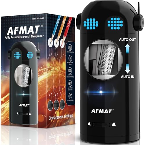 AFMAT Electric Pencil Sharpener, Robot Pencil Sharpener for Colored Pencils 7-11.5mm, Auto in & Out, Fully Automatic Rechargeable Hands-Free Pencil Sharpener for Home Classroom, Black