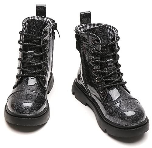 DADAWEN Boys Girls Glitter Ankle Boots Lace Up Waterproof Combat Boot With Side Zipper (Toddler/Little Kid/Big Kid) Hot Pink Glitter US Size 3.5 M Big Kid