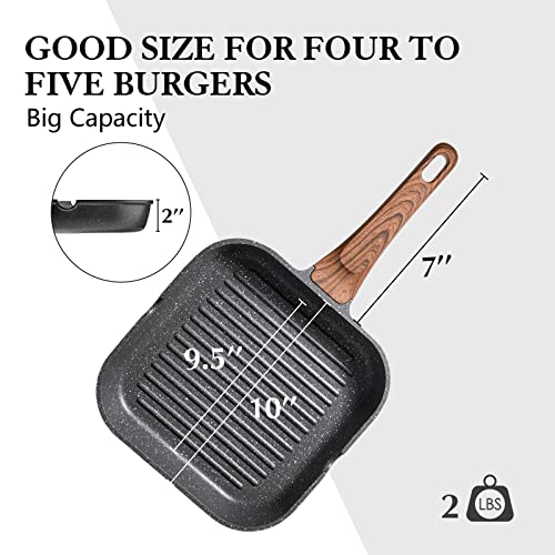 SENSARTE Nonstick Grill Pan for Stove Tops, Versatile Griddle with Pour Spouts, Square Big Cooking Surface, Durable Skillet Indoor & Outdoor Grilling. PFOA Free, 9.5 Inch