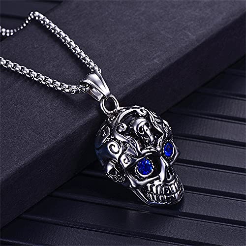 LXSSLY Blue Eye Skull Necklace for Men,Gothic Skull Skeleton Pendant Necklace,Punk Stainless Steel Necklace,Skull Jewelry Gifts for Women Men