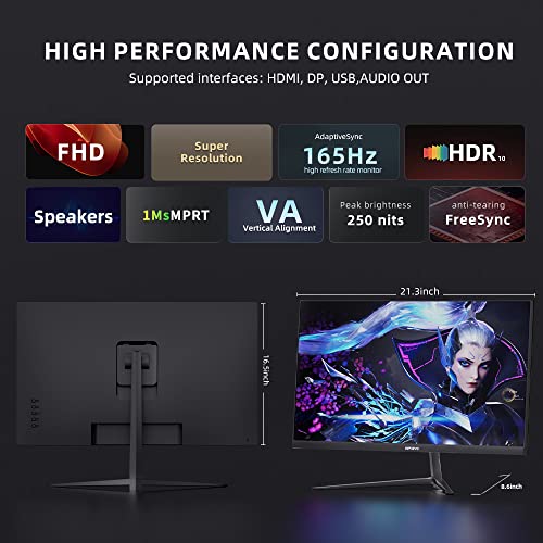 INFIEVO Gaming Monitor 24 Inch FHD 1080P Computer Monitor 165Hz VA 1ms Built-in Speakers, FreeSync, Ultra-Thin PC Monitor, VESA Compatible, Tilt Adjustable, Eye Care Technology, HDMI/DP