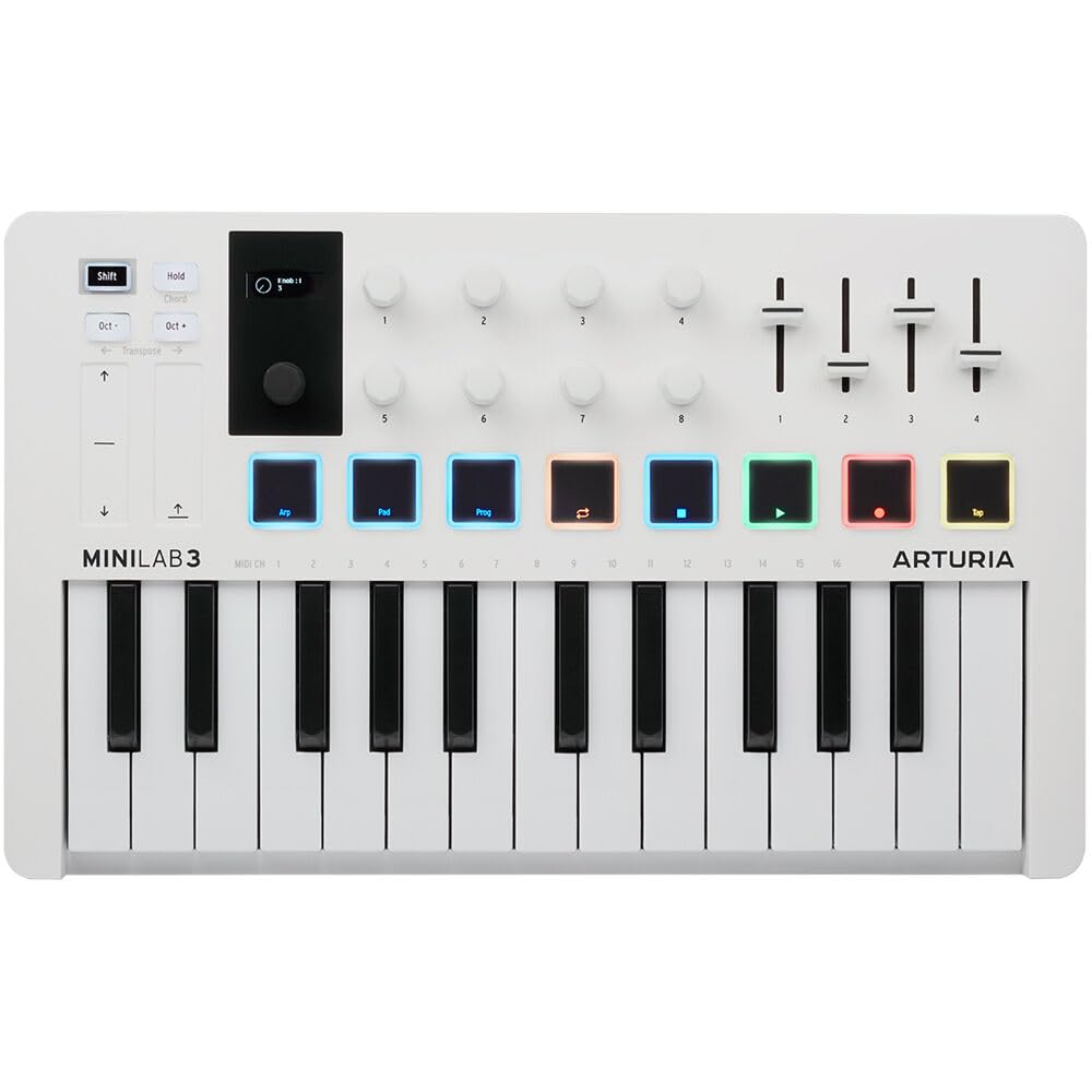 Arturia MiniLab 3 Compact MIDI Keyboard and Pad Controller (White) Bundle with 6ft MIDI Cable & Cleaning Cloth (3 Items)