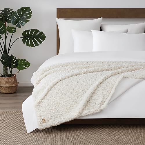 UGG 25518 Amanda Silky Smooth Extra Long Breathable Lightweight Elegant Fluffy Fuzzy Soft Luxury Cozy Faux Fur All Season Easy Care Throw Blanket for Sofa Couch or Any Room Decor, 70 x 50-inch, Stone.