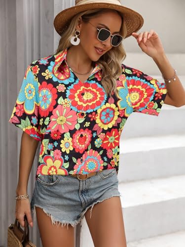 Vintage Hawaiian Shirt Woman 60s 70s Outfit Disco Hippie Party Shirts Floral Button Up Short Sleeve Tops Black