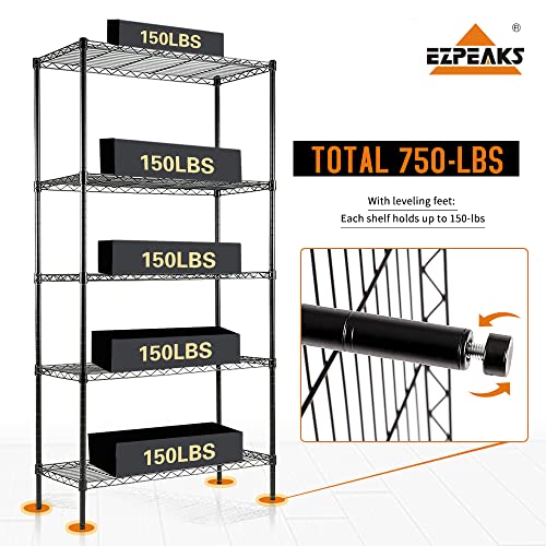 EZPEAKS 2 Pack Shelving - 5 Tier Storage Shelves, Metal Shelves Adjustable 30''W x 14''D x 47''H Garage Storage Shelves 150 LBS Loading Capacity Shelving Units with Liner Wire Rack