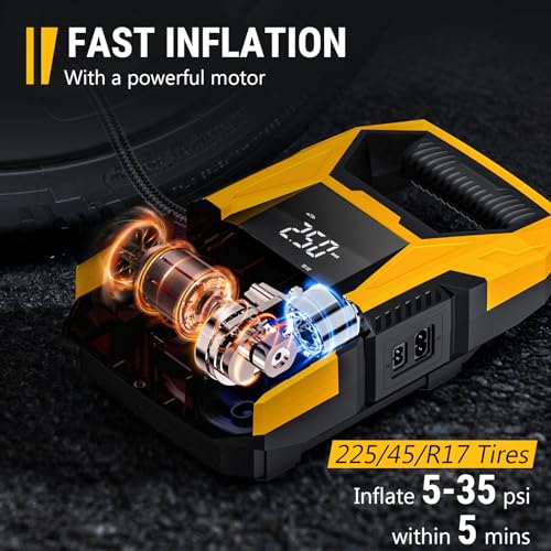 CARSUN AC/DC Tire Inflator Portable Air Compressor, Dual Power for Home 110V AC and Car 12V DC Air Pump with Pressure Gauge, Auto Shutoff, Tire Pump for Car Motorcycle Bicycle and Other Inflatables