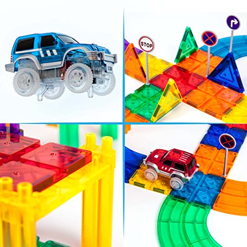 PicassoTiles 50 Piece Race Car Track Building Block Educational Toy Set Magnetic Tiles Magnet DIY Playset 2 Light Up STEM Learning Construction Kit Hand-Eye Coordination Fine Motor Skill Training