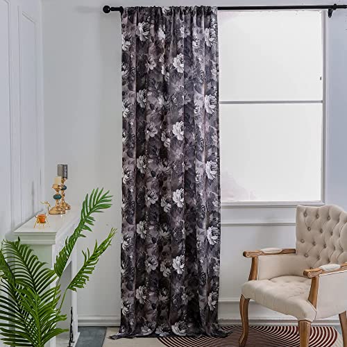 Tootop semi Transparent Floral Curtains 84 inches Long Rod Bag Gray and Yellow Flowers Plant Digital Print Curtains Living Room Bedroom Decorative Treatment 2 Panels 52W x 63L Blue & Gray