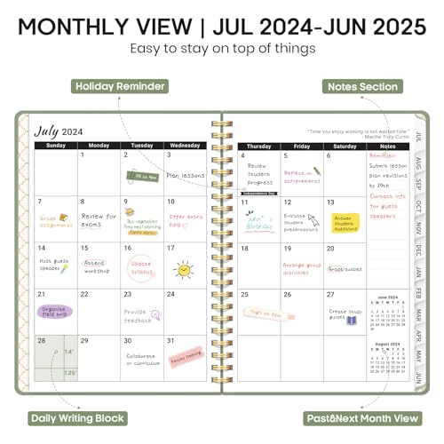 Planner 2024-2025, Academic Planner JUL 2024-JUN 2025, Weekly and Monthly Calendar Planner Book, Hardcover Teacher Planner 2024-2025 with Tabs, A5 (6.4" x 8.5") - Green