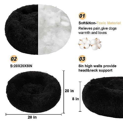 Kimpets Dog Bed Calming Dog Beds for Small Medium Large Dogs - Round Donut Washable Dog Bed, Anti-Slip Faux Fur Fluffy Donut Cuddler Anxiety Cat Bed(20"/27"/35") (Small, Black)