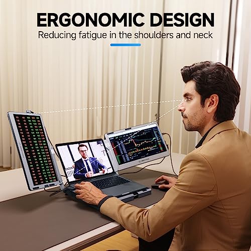 Maxfree F2 Triple Screen Laptop Monitor Extender with 360° Rotation Stand - Plug & Play Compatibility for Windows, Surface, Apple M2 Pro/Max Chip, Switch - 14'' Laptop Monitor for 12-17'' Laptops