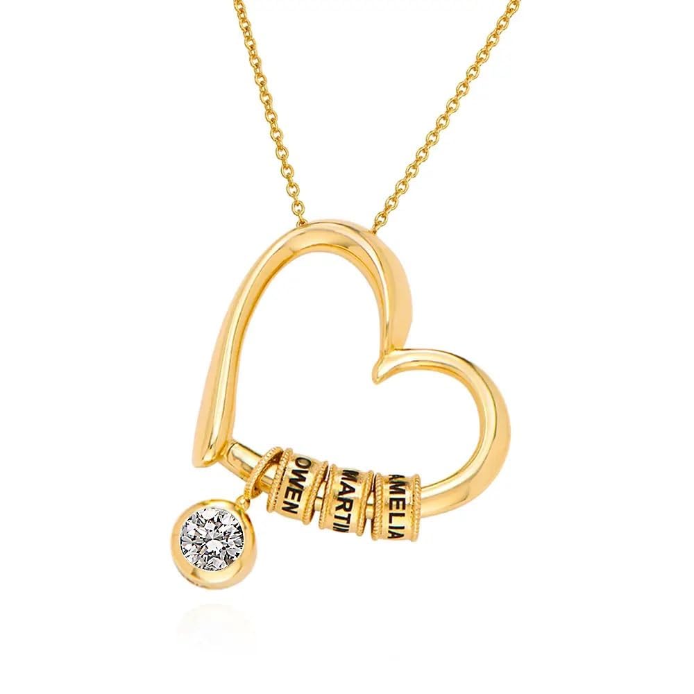 Personalized Charming Linda Heart Necklace with Engraved Beads - Dainty Gift for Mom, Her, Women - Custom Jewelry for Mother's Day, Christmas, Birthday, Valentine's Day (With 1 ct Diamond, 18k Gold Plated Sterling Silver)