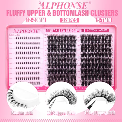 ALPHONSE Fluffy Lash Clusters with Bottom Lashes 12-20MM Cluster Eyelash Extensions Thick Volume Individual Lashes 320pcs DIY Lash Extension Clusters for Beginners (80D+100D)