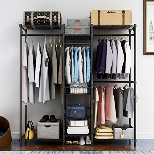 Xiofio 6 Tiers Heavy Duty Garment Rack, Storage Organizer, Metal Clothing Rack with Hanging Rod,Adjustable Shelf and Fixed Baskets,60.7" L x 15.7" W x 70.5" H Max Load 720LBS,Black·