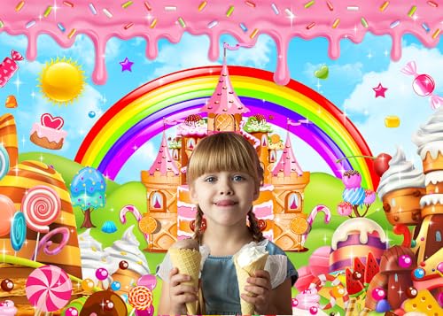 Mocsicka Candyland Backdrop Sweet Cartoon Rainbow for Kids Baby Shower Birthday Candyland Party Decorations Donut Candy Castle Ice Cream 1st Birthday Photography Background (Rainbow, 6x4ft(72"x48"))