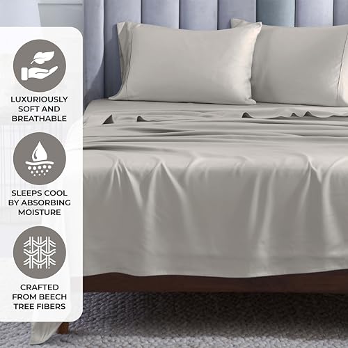 Superior Modal from Beechwood 400 Thread Count Bed Sheet Set, 1 Elastic Deep Pocket Fitted Sheet, 1 Flat Sheet, 1 Pillowcase, Silky Soft Cool Bedding Essentials, Sateen Weave, Twin XL, Grey