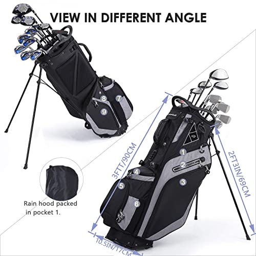 Golf Stand Bag 14 Way Top Dividers Ergonomic with Stand 8 Pockets,Lightweight Golf Bag for Men, Golf Bags with Stand,Dual Strap, Rain Hood (Black)