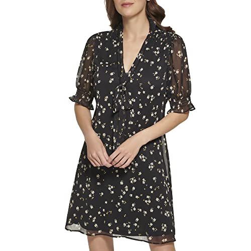 DKNY Women's Fit and Flare Short Sleeve Tie Neck Dress, Mdnght/BTTL GN, 2