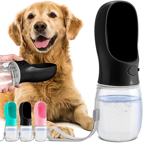 MalsiPree Dog Water Bottle Portable – Leak Proof and Lightweight Water Bottle for Dogs – Dog Travel Water Bottle with Bowl – Dog Walking Accessories (12OZ, Black)