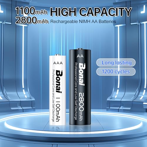 BONAI Rechargeable AA AAA Batteries with Charger, 16-Pack 1.2V NiMH High-Capacity AA (2800mAh) & AAA (1100mAh) Batteries with 16-Bay Smart Battery Charger, Fast Charging & Intelligent Detection
