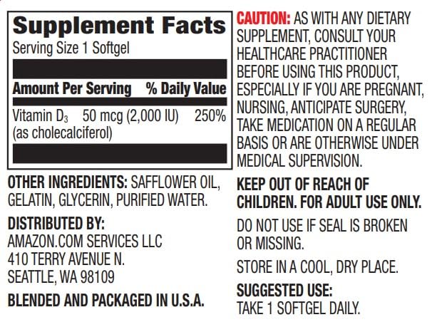 Amazon Elements Vitamin D3, 2000 IU, 180 Softgels, 6 month supply (Packaging may vary), Supports Strong Bones and Immune Health