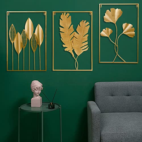 YZDTECH Large Gold Metal Wall Decor, 24" X 16" Golden Leaf Wall Hanging Decor with Frame, Wall Ornaments, Golden Metal Art Wall Sculpture for Living Room, Office, Home, Hotel