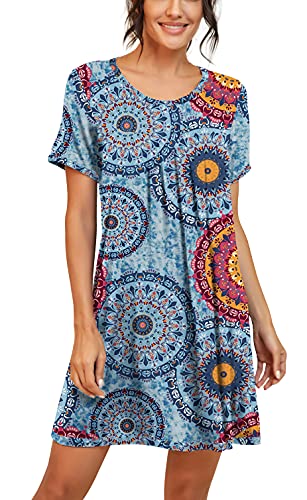 PrinStory Womens Sleepwear Short Sleeve Nightgown Soft Sleepshirt Pleated Nightshirt Scoopneck Casual Loungewear FP-Blue Star Universe-M