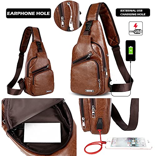 Peicees Leather Sling Bag Mens Crossbody Chest Bag Sling Backpack with USB Charge Port