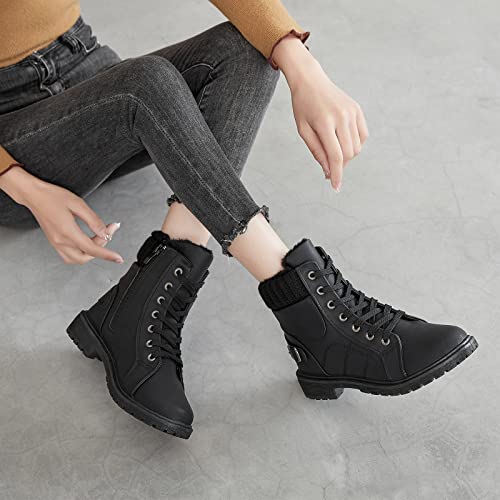SERNIAL Womens Winter Snow Boots Fur Lined Ankle Boots White Black Side Zipper Booties(Black,US6)