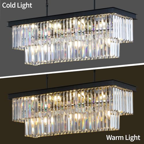 Weesalife Crystal Chandeliers for Dining Room 11-Light Black Modern Chandelier Rectangle Contemporary Pendant Light Fixture for Kitchen Island Bar