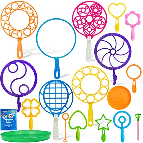 JOYIN Big Bubble Wands Set Bulk for Kids Summer Outdoor Activity Party Favors, 18 Pcs Giant Bubble Maker with Tray, 12" Large, 6 Pcs Bubble Solution Suitable for All Age People