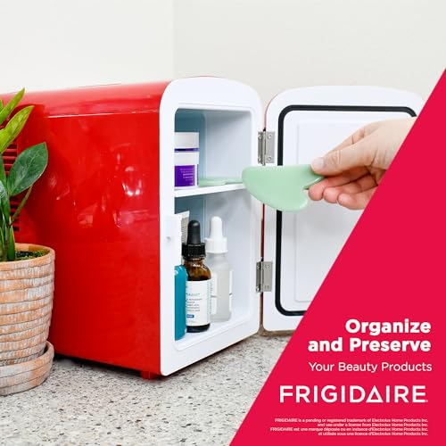 Frigidaire EFMIS129-RED_CP4 Mini Personal Fridge Cooler, 1 Gal Capacity fits Six Cans, Includes Plugs for Home Outlet & DC Charger-9.84" D x 7.09" W x 10.35" H, standard