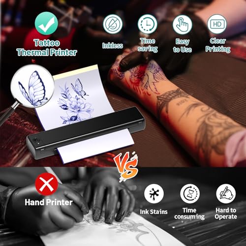 Ponek Tattoo Stencil Printer, M08F Tattoo Printer Bluetooth for Phone & PC, Stencil Printer for Tattooing, Tattoo Thermal Printer, Wireless Tattoo Machine Kit with 10pcs A4 Transfer Paper