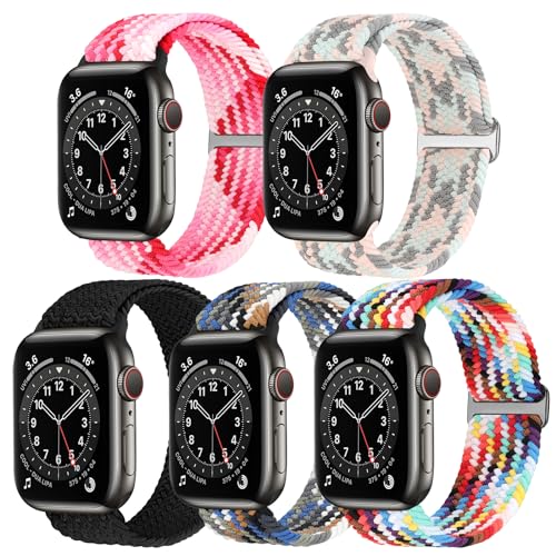 URU Shield 5 Pack Adjustbale Watch Bands Compatible With Soft Stretchy Apple Watch 38mm 40mm 41mm 42mm 44mm 45mm 49mm,Nylon Braided Solo Loop Wristband for iWatch Series Ultra/1/2/3/4/5/6/7/8/SE Women