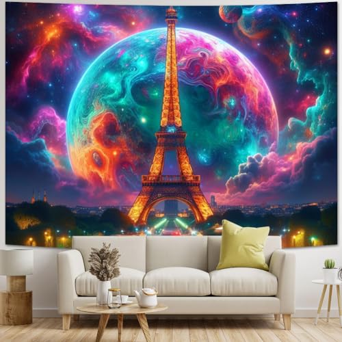Trippy Planet Tapestry Paris Eiffel Tower Tapestry Galaxy Space Tapestry Magical Neon Starry Stars Wall Tapestry Aesthetic City Landscape Wall Hanging for Living Room
