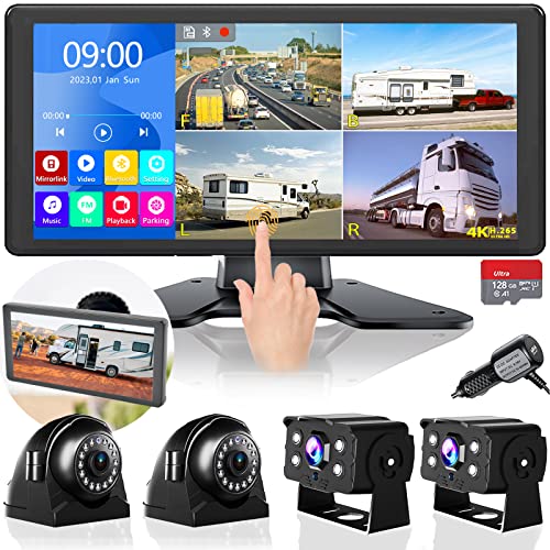 4K RV Backup Camera System 10.36" Quad Split Touch Screen Monitor with 4 1080P Rear Side View Camera, DVR Recording Bluetooth MP3 MP5 IP69 Waterproof Night Vision for RV Truck Trailer Tractor