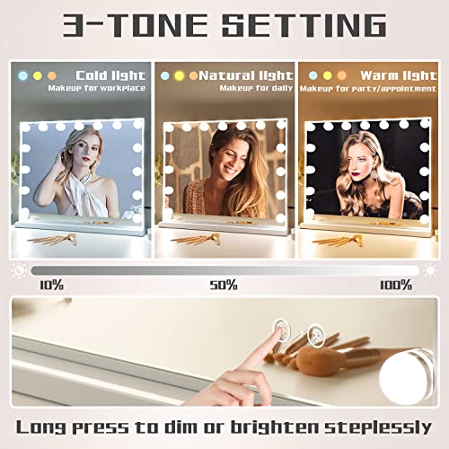 COOLJEEN Hollywood Lighted Vanity Mirror with Bluetooth, USB Charging, 15 Dimmable LEDs, 3 Color Lighting - Touch Control