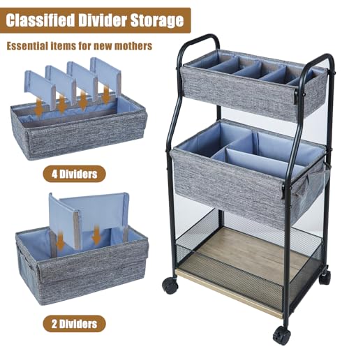 3-Tier Baby Diaper Caddy Organizer and Storage Cart with 4+2 Dividers, Mobile Metal Utility Cart with Rolling Wheels for Nursery Essentials, Large Capacity Rolling Cart for Crib, Bedroom, Bathroom