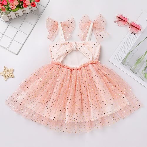 Toddler Baby Girl First Birthday Dress Shiny Sequins Cake Smash Outfits Kids Sparkle Tea Party Halloween Thanksgiving Costume Baby Infant Baptism Christening Christmas Outfits Peach Star 6-12 Months