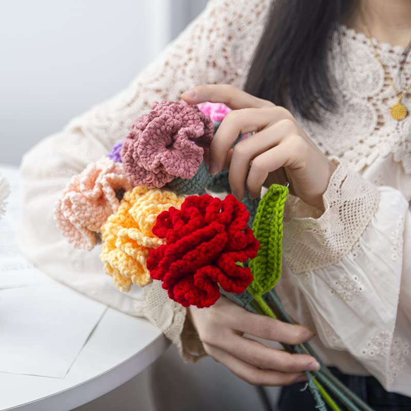 HIPIHOM Crochet Flowers,1 Pcs Knitted Artificial Wool Carnation for Mother's Day Wedding Bouquet Anniversary (Blue)