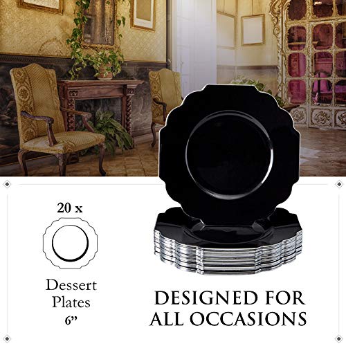 SILVER SPOONS Elegant Plastic Plates for Party with Scalloped Rim (10 PC), Disposable Heavy-Duty Dessert Plates for Wedding Reception - 6”, Fancy Plastic Dinnerware Sets with Silver Edge - Black