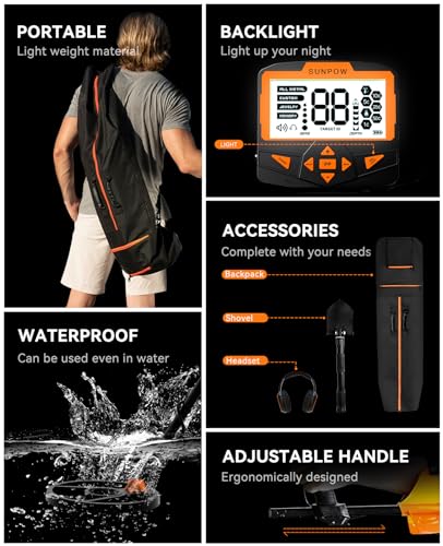 SUNPOW Metal Detector for Adults Professional - Waterproof Higher Accuracy 5 Modes Gold Detector with Strong Anti-Interference, Advanced DSP Chip, 11" Detection Depth Metal Detectors - OTMD09