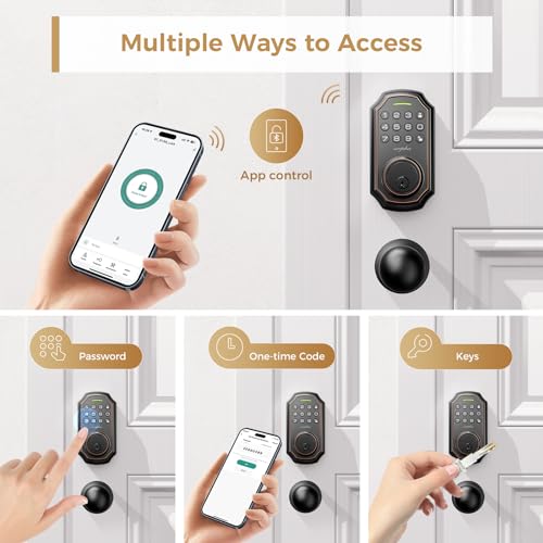 Keyless Entry Door Lock with 2 Door Knobs - App Control Electronic Keypad Deadbolt Smart Lock - 100 Code Keypad Door Lock with Handle - Front Door Lock Set - One Time Code - Auto Lock Easy to Instal