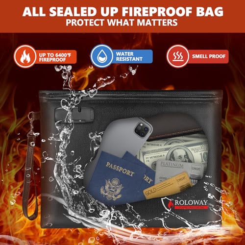 ROLOWAY Fireproof Document Bag (14.5 x 11.5 inch), 6400℉ Fireproof Money Bag with Zipper for Cash, Fireproof Bag Money Pouch, Fire Safe Cash Bag Banker Bag, Smell Proof Bag Money Bag with Lock (Black)