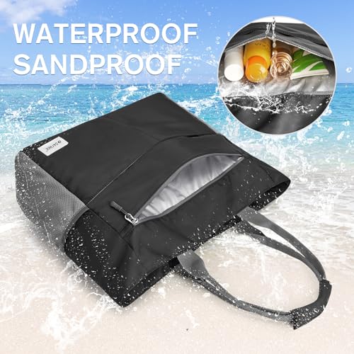 G4Free Beach Bag, Waterproof Sandproof Beach Tote Bag, Large Capacity Foldable Beach Bags for Women, Black